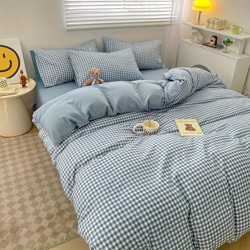 Blue Duvet Cover Reversible Plaid Checkered Comforter Cover Grid Farmhouse Dorm Bedding Set Soft Breathable Washed Microfiber Gifts