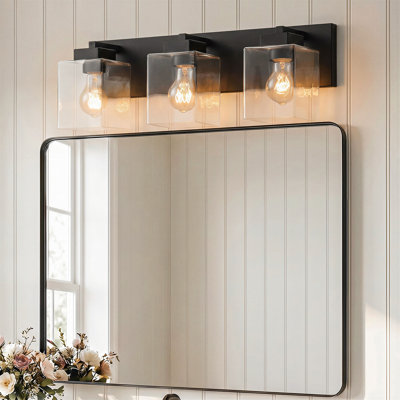 Applique murale 3 lumières noire mate, abat-jour en verre transparent carré, base E26, éclairage de meuble-lavabo pour salle de bain