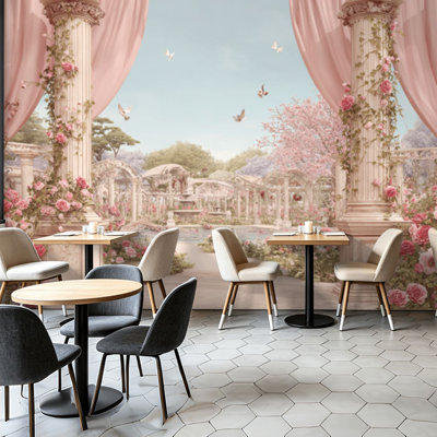 Peel and Stick Wallpaper Wall Mural Romantic Floral Garden Arch Pink Roses Drapes Bird Wall Art Self Adhesive and Removable