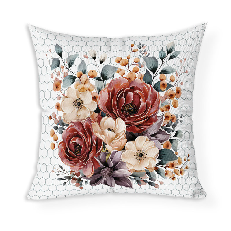 Coussin décoratif intérieur / extérieur Petal Poetry Honeycomb, H 26 po x l 26 po, Vert/rouge