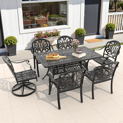 6-Person Rectangular Cast Aluminum Patio Dining Set with 2 Swivel Chairs & Cushions & Umbrella Hole by Bloomsbury Market