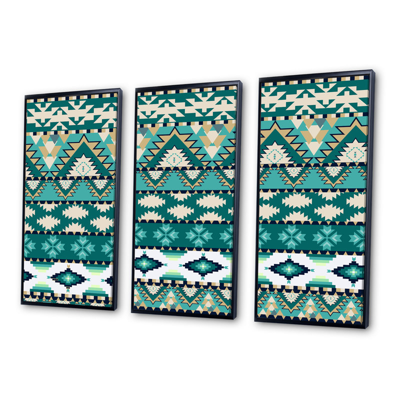 Aztec Geometrics - ensemble d'art moderne sur toile encadrée moderne de 3, H 32 po x l 48 po x P 1 po, Noir