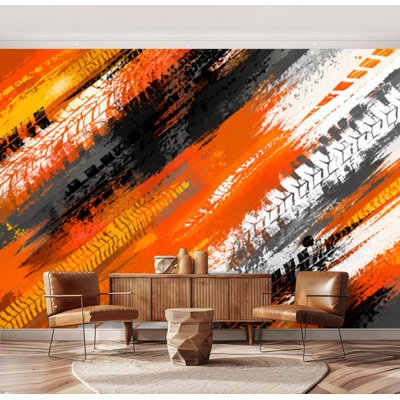 Wall Mural Peel and Stick Wallpaper Orange grunge white orange tire tracks Self-Adhesive Removable Contact Paper Wall Decor for Living Room Bedroom 69"H x 96"W