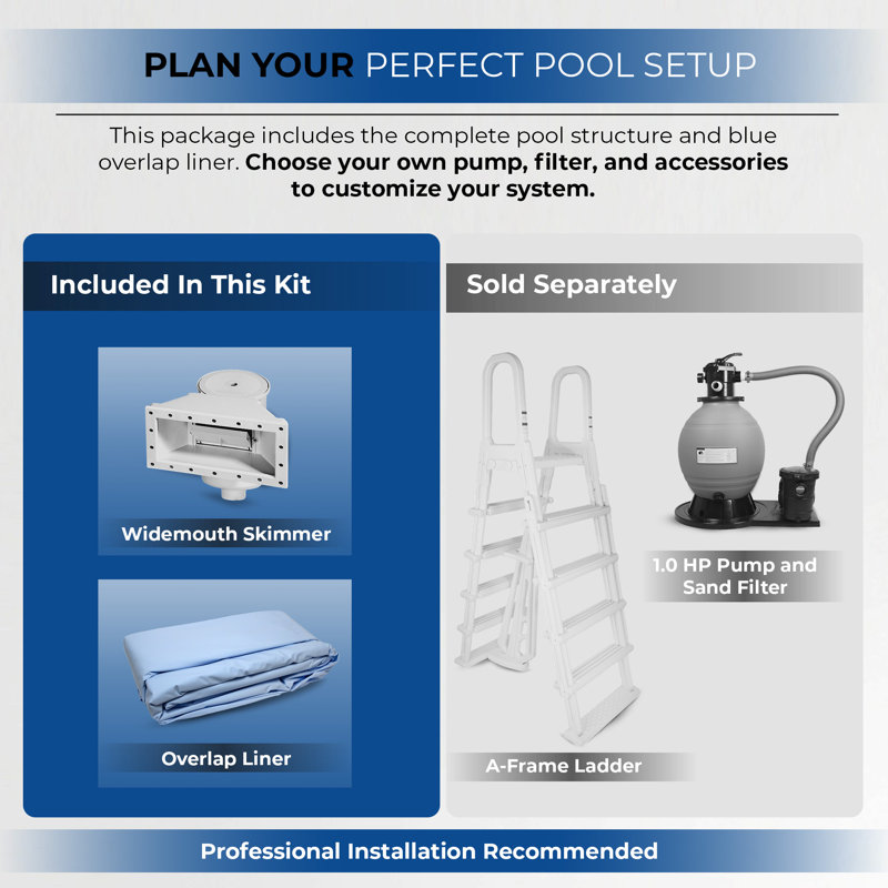 Piscine murale ovale en acier à parois dures de 15 po x 30 pi de profondeur Blue Wave Belize avec sièges supérieurs de 6 po, verticales de 5 po, écumoire et doublure en vinyle - bouchon de 9 900 gallons pour la natation familiale et les loisirs