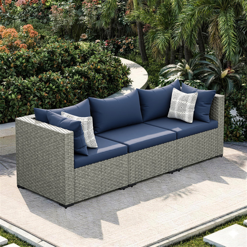 Ensemble de canapé de patio 3 pièces en osier avec coussins, Marine