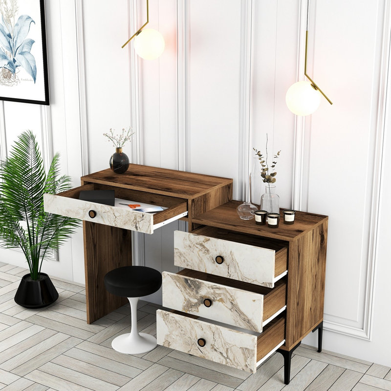 Modern Make-Up Table, Walnut & White, 48.8 x 33.4 x 15.7 inches | 100% Melamine Coated Particle Board, Thickness: 0.7 inches | Stylish Plastic Handle & Sturdy Metal Legs | Perfect for Chic Bedroom & Dressing Area