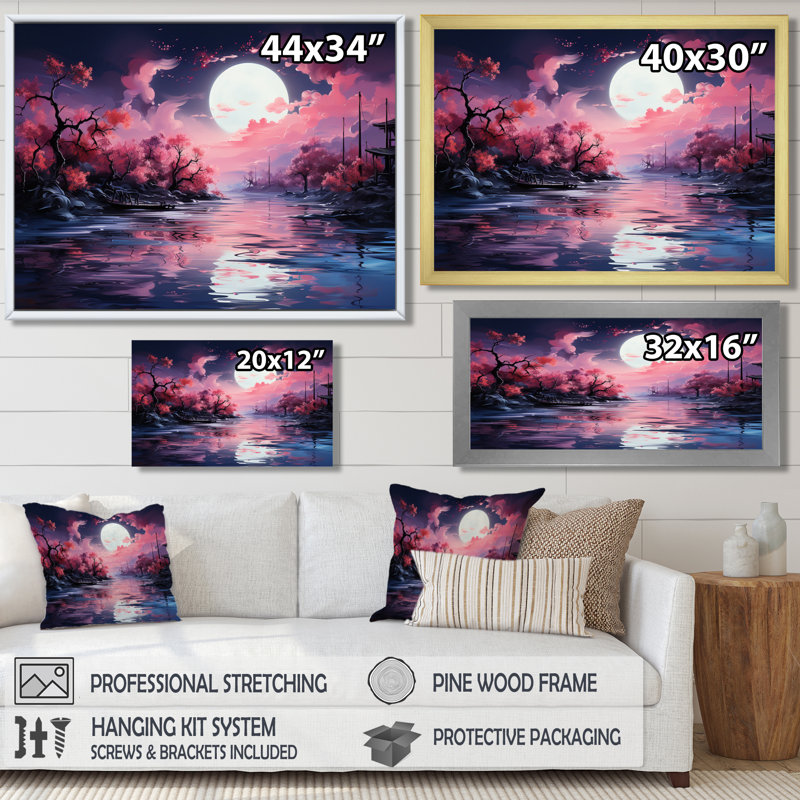 Pleine lune, ciel rose, fleur de cerisier, art mural, Toile tendue, H 24 po x l 32 po