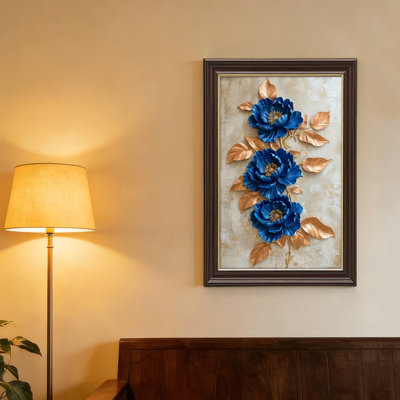 Art mural antique sur toile encadré doré pour le salon, la chambre à coucher, le bureau ou le vestibule - décoration murale décorative avec or bleu