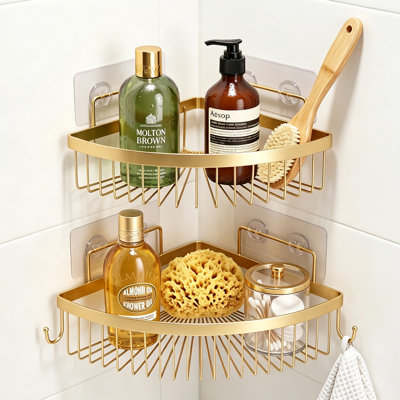 Serviteur de douche doré, paquet de 2 colliers de douche de coin adhésifs avec 2 crochets, organisateurs et rangement de salle de bain sans perçage, tablettes de douche en acier inoxydable antirouille pour la maison