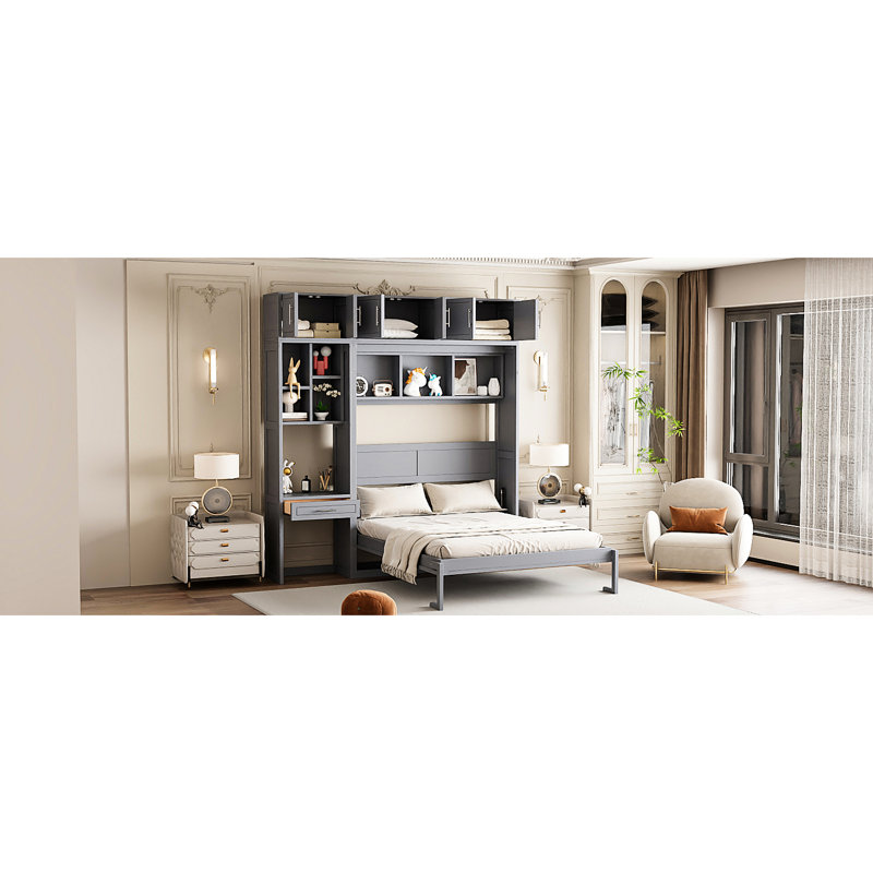 Grand lit en gris, avec trois armoires spacieuses, des tablettes intégrées et un bureau, un design peu encombrant pour les petits espaces avec finition grise, armoire supérieure, étagères, espaces optionnels, matelas