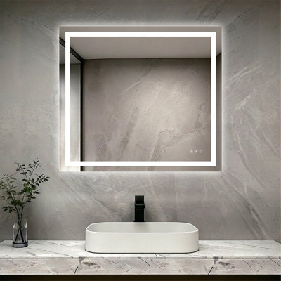 Miroir de salle de bain 40 po x 36 po à DEL avec éclairage à intensité variable et antibuée avec 3 modes de couleurs, montage horizontal / vertical étanche IP44