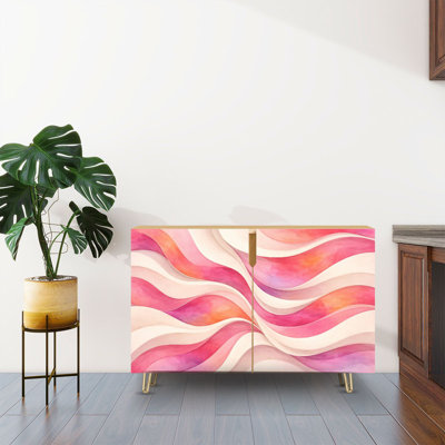 Buffet Buffet avec rangement Abstrait rose ondulé blanc doux ton aquarelle avec 2 portes pour le salon et la cuisine