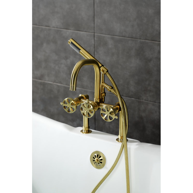 Kingston Brass Belknap Three-Handle 2-Hole Deck Mount Clawfoot Tub Faucet with Hand Shower, Brushed Brass