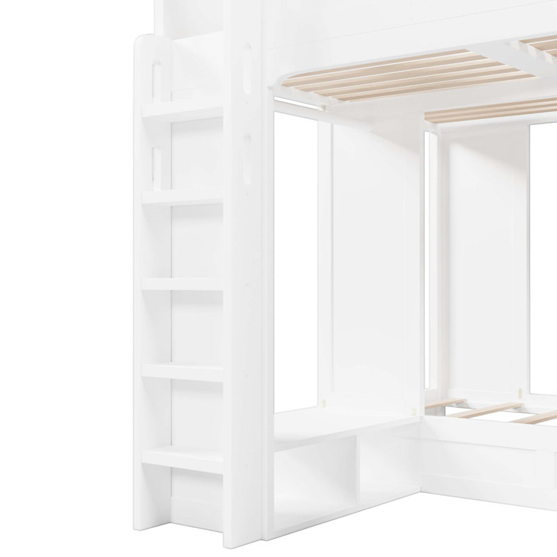 Triple Bunk Bed With Storage Shelves And Hooks, Twin +Twin Over Twin Xl, White