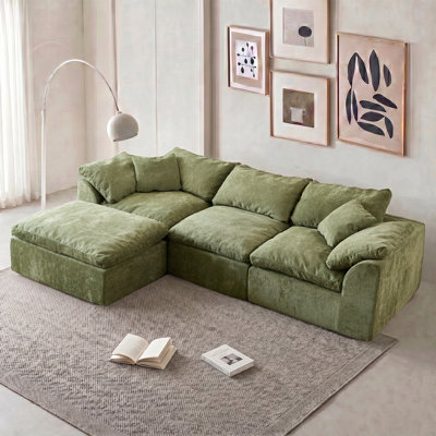 Boneless 109" Modular Chenille Cloud Couch, L-Shaped Sectional Sofa, Vacuum Compressed, No Assembly, Deep Seat Oversized Sofa with Movable Ottoman for Living Room