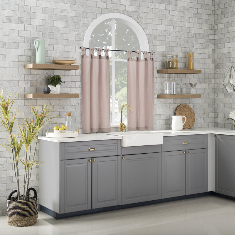 Paire de rideaux de cuisine semi-transparents en coton délavé avec pattes Archaeo Sarro, L 52 po x L 45 po, Rose quartz