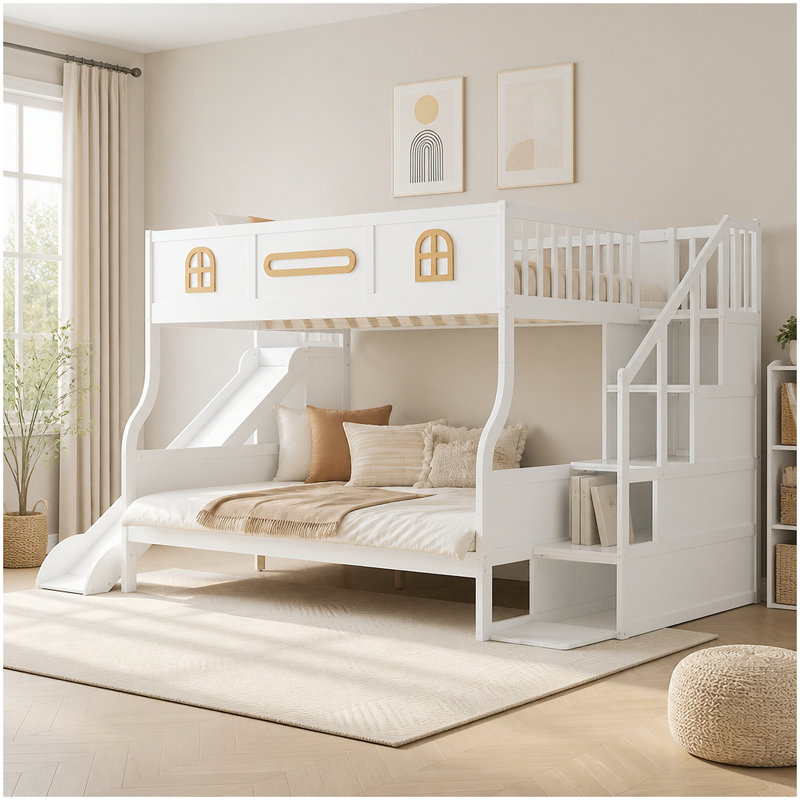 Lit double superposé au-dessus de grand lit double avec glissière et escalier de rangement, blanc, Blanc