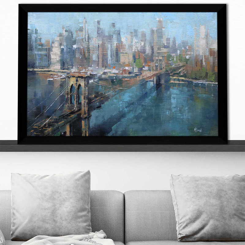 " Brooklyn Bridge " by Mark Lague, Black Framed, 27.5" H x 39.5" W x 0.75" D
