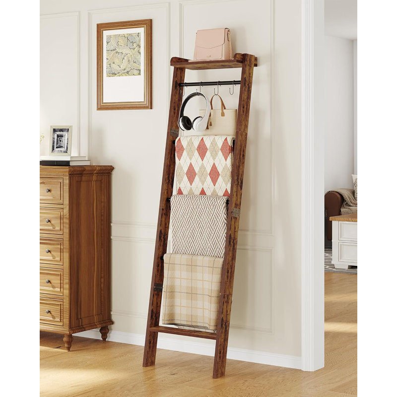 Blanket Ladder Shelf, Decorative Quilt Rack, 6-Tier Farmhouse Ladder Holder Organizer with 4 Removable Hooks, Brown