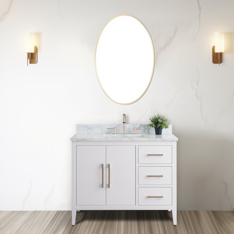 Chambery 42" Single Sink Bathroom Vanity with Engineered Marble Top, Brushed Nickel, White