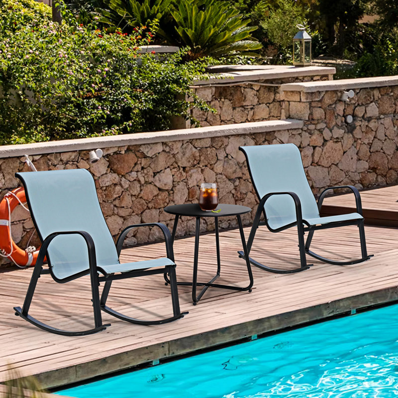 Ensemble de 3 chaises berçantes d'extérieur en polyester enduit de PVC, Bleu