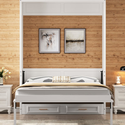 Lit double beige avec 2 tiroirs, bois de pin de haute qualité et conception pliante peu encombrante pour un coin bureau robuste, petite chambre