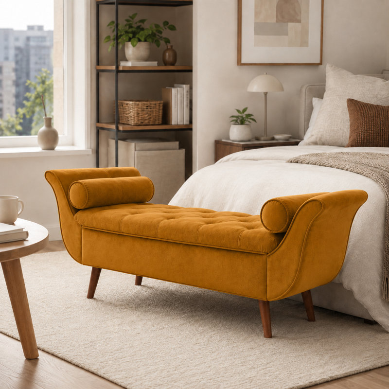 Velvet Upholstered Storage Bench, Brown