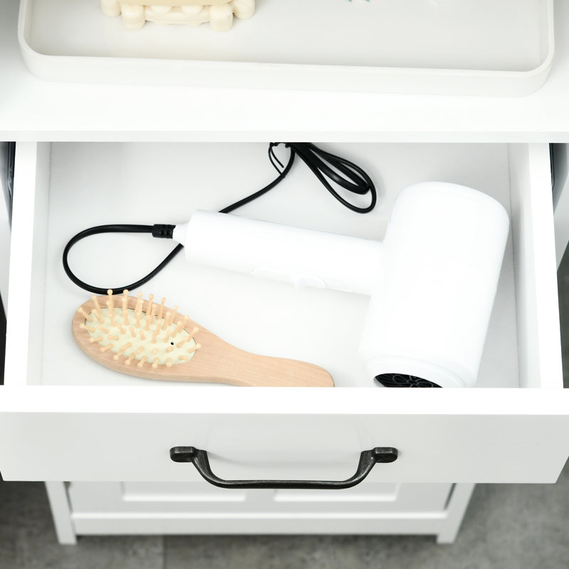 Rangement pour salle de bain Slim - Armoire haute avec tablette ouverte, tiroir, portes encastrées et tablettes réglables, tablettes blanches pour