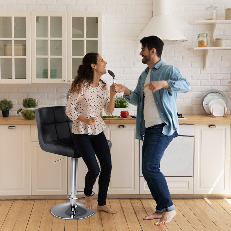 Vegan Leather Swivel Adjustable Height Bar Stool, Black