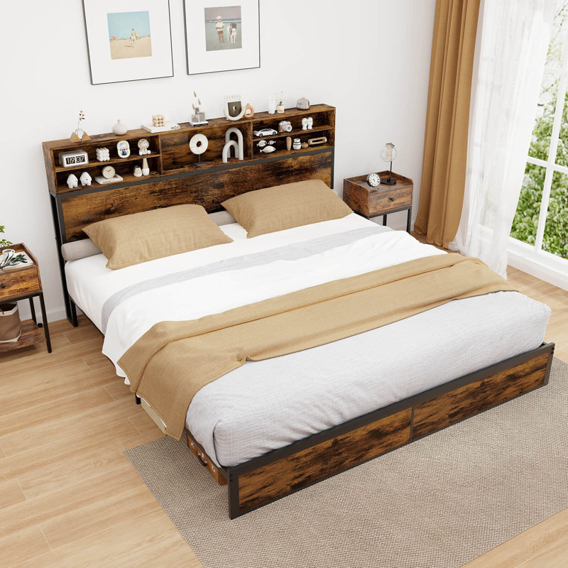 Bed Frame With Charging Station Storage Headboard Under-bed Storage Space, King