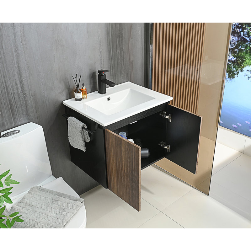 Meuble-lavabo mural, meuble de rangement flottant avec porte-serviettes, Noir / noyer foncé