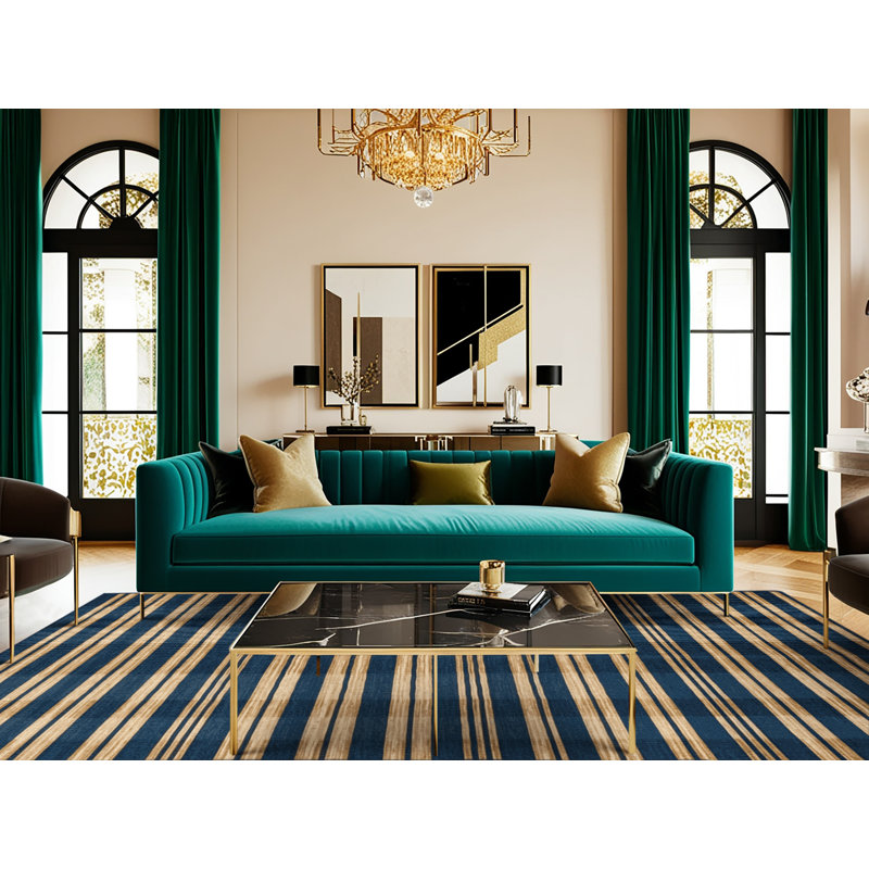  Tapis lavable rayé bleu marine et ivoire, Rond 3 pi