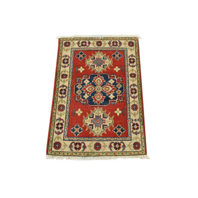 Tapis oriental rouge en laine noué à la main 2 pi 1 po x 2 pi Kazak Kazak