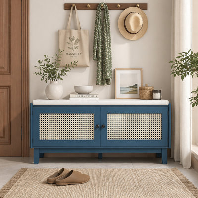 Banc en rotin pour hall d'entrée avec rangement, banc à chaussures rembourré avec portes doubles, banc de rangement pour chaussures en bois