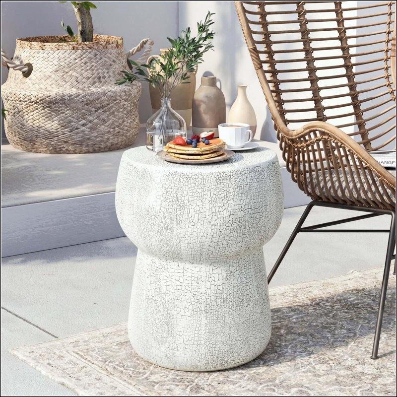 Double Barrel MGO Side Table with Cracked Texture, White