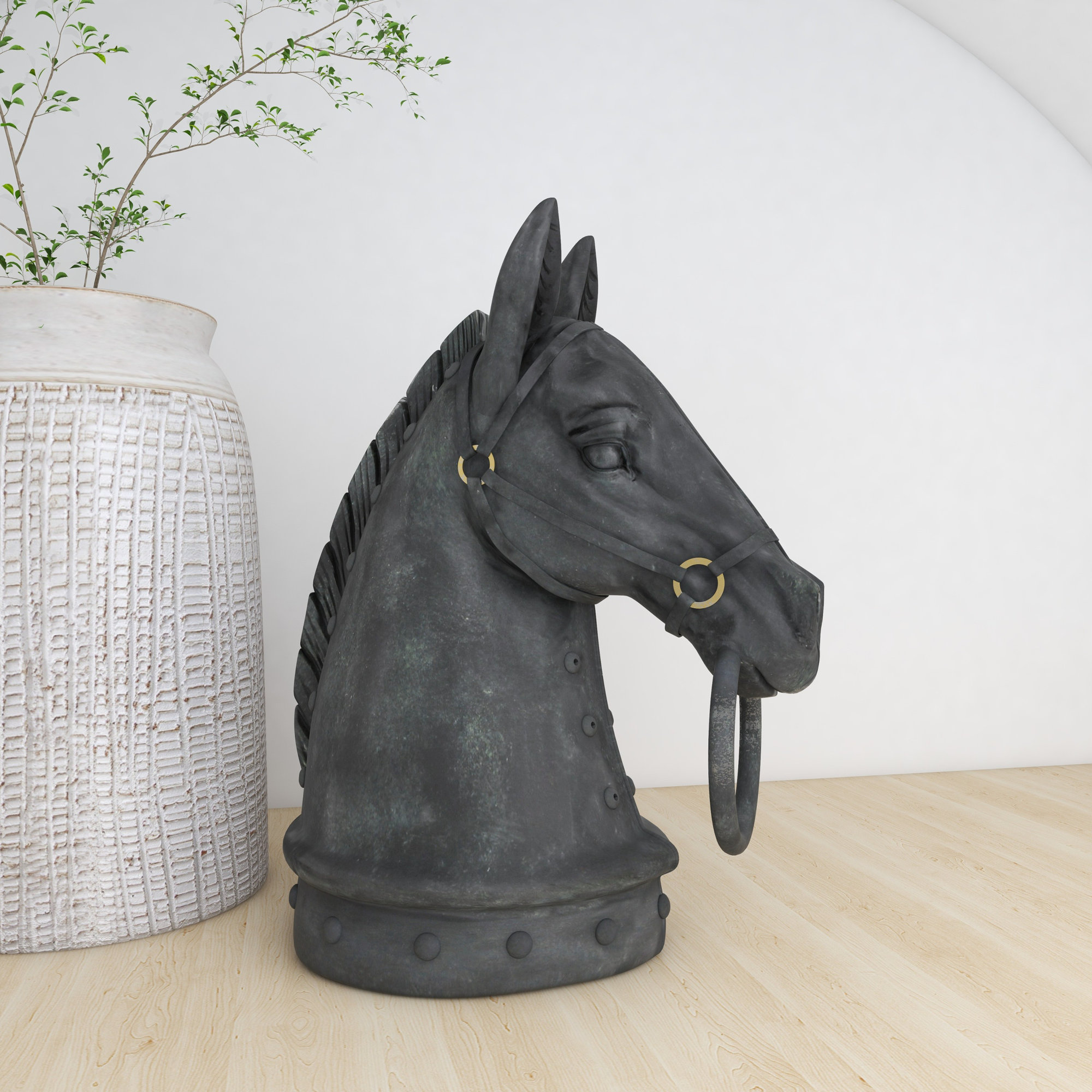 Lula Polystone Antique Style Head Horse Decorative Sculpture with Hitching Post and Gold Accents, Small