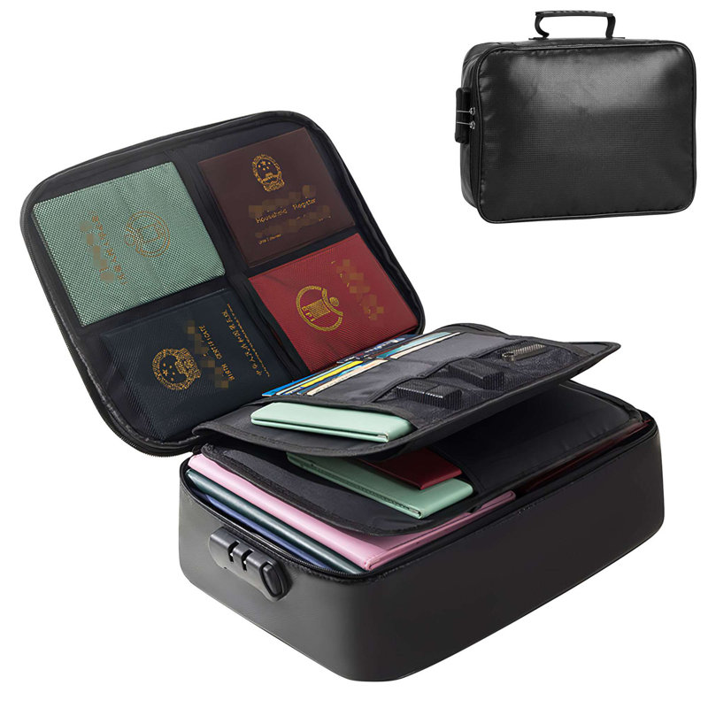 Fireproof Document Bag with Lock File Storage Organizer Bag Waterproof Safe Portable Pouch Bag, Black