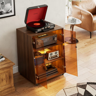 Turntable Stand Vinyl Record Cabinet Glass Doors LED Media Console | Adjustable shelves, lockable swivel casters, RGB music sync lights, Rolling stereo cabinet,thick wooden board