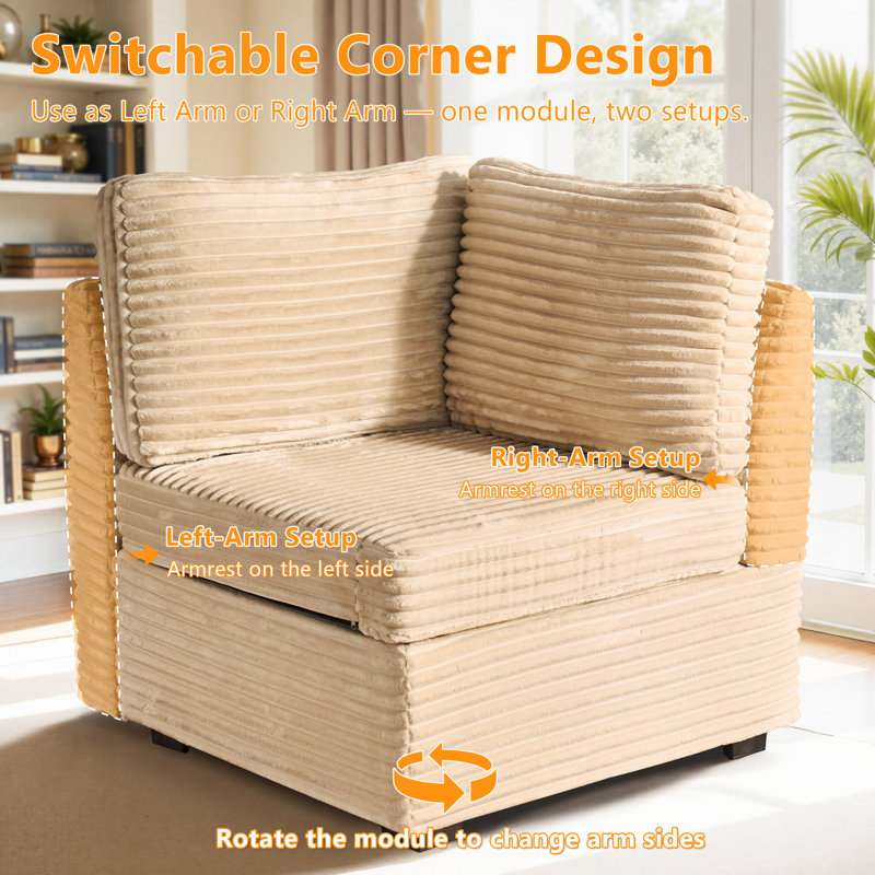 98'' Modular Sectional Sofa With Plush Corduroy, 3-seater Cloud Couch For Living Room, Apartment, And Bedroom
