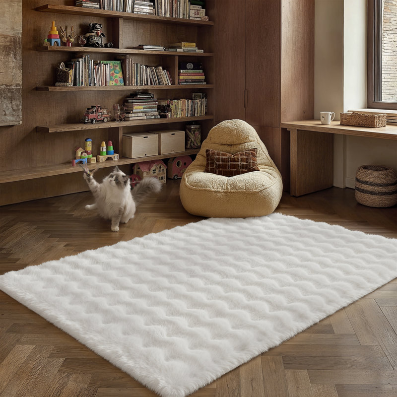 Modern Soft Solid Rabbit Faux Rug Machine Washable Area Rug with Non-Slip, Rectangle 3' x 5', White