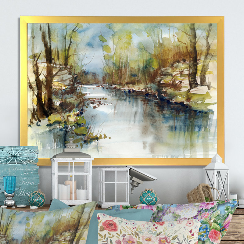 «Summer River Landscape II», reproduction sur toile flottante, H 8 po x l 12 po x P 1 po, Cadre doré