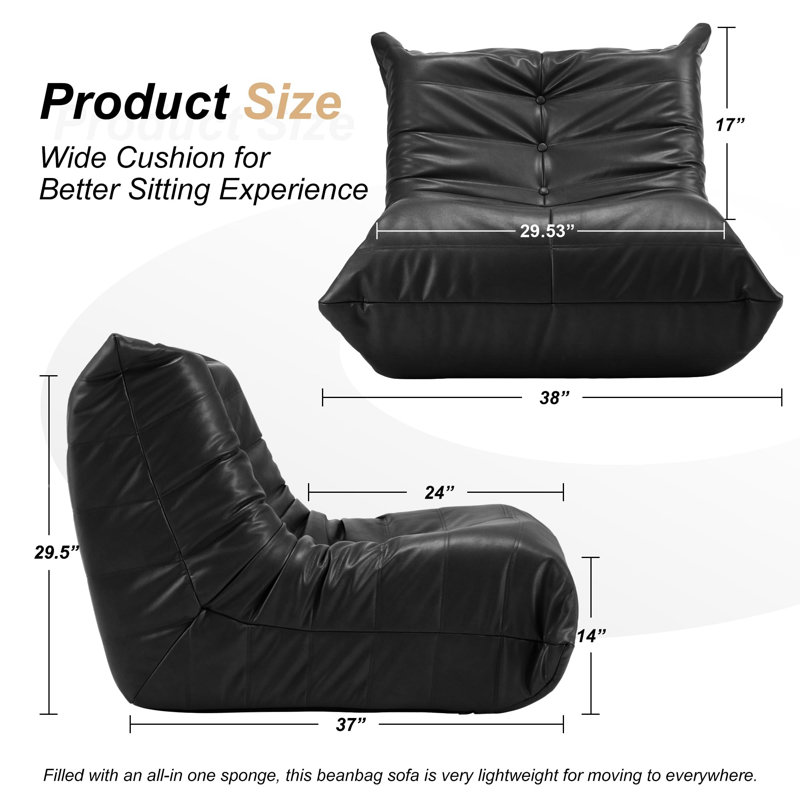 Bean Bag Chair Lazy Floor Sofa, Black Faux Leather