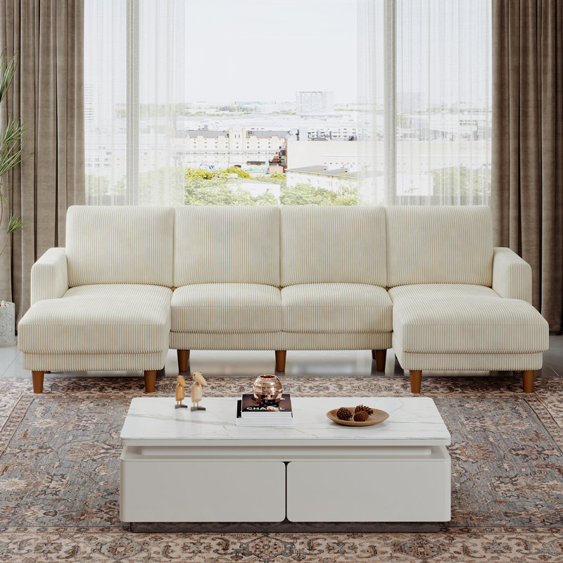4 Seater Corduroy Sofa & Chaise, Beige