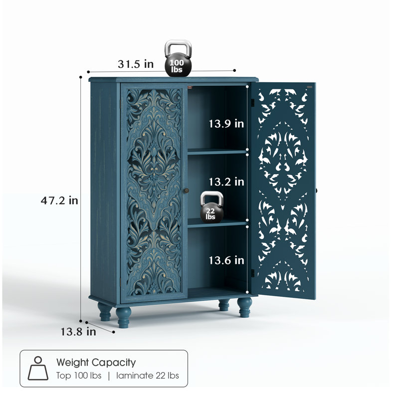 47" Tall Storage Cabinet with Shelves, Stylish Accent Cabinet with 2 Doors & Multi-Use Sideboard Buffet,Blue, Blue