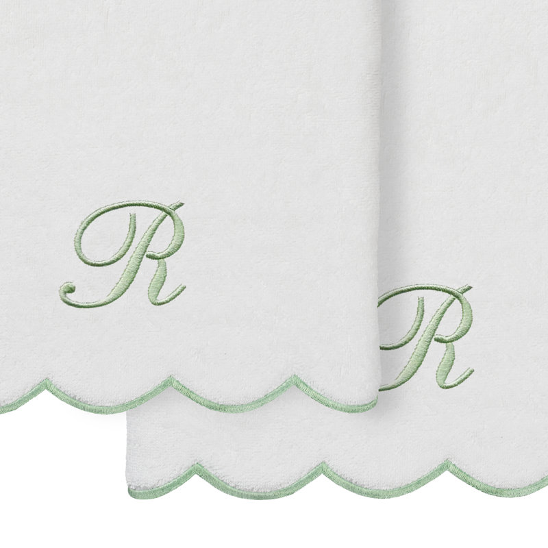  100% Turkish Cotton ADORNIA Scallop 2PC Personalized Bath Towel Set, R, White/Green, Bath Towel - 2 Pack