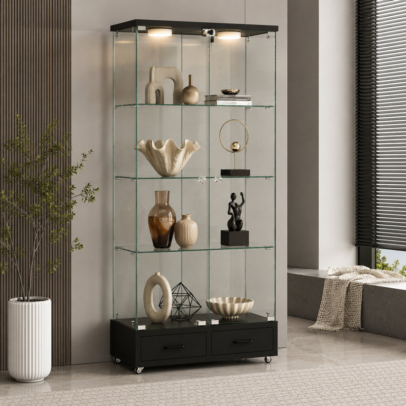 Vitrine combinée noire en verre, portes et tiroirs doubles, éclairage couleur à DEL, verrouillable, pour le salon et la chambre à coucher