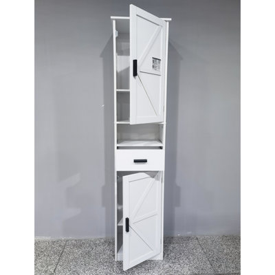Armoire de rangement de 69 po de hauteur avec 2 portes de grange et 1 tiroir - touche rétro, grande pour diverses pièces, style salle de bain étroit, tablettes réglables