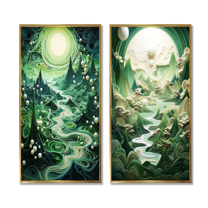 Fantaisie, émeraude, lévitation, paysages, surréalisme, ensemble de 2, Cadre flottant doré, H 40 po x l 41 po
