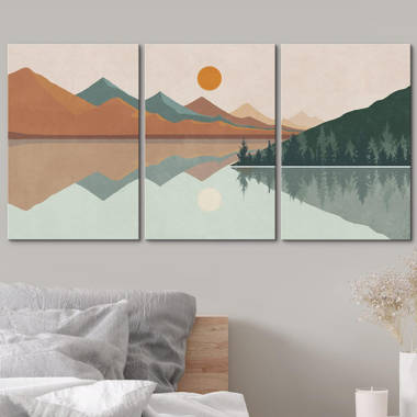 Pixonsign Framed Canvas Print Wall Art Pastel Brown Mountain Valley Landscape Nature Wilderness Illustrations Modern Art Decorative Minimal Rustic for