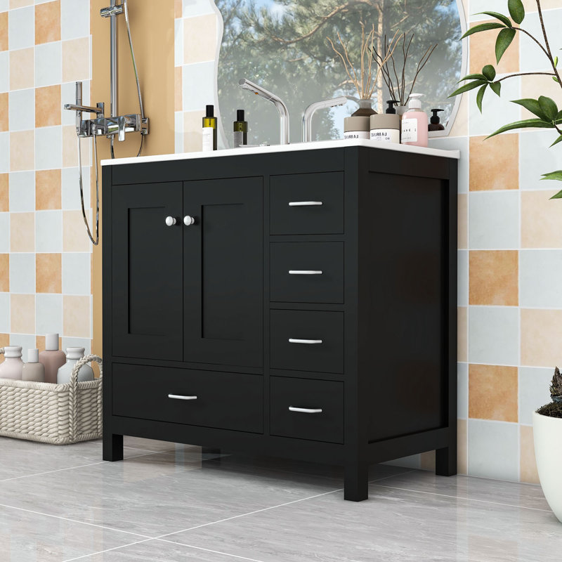 Meuble-lavabo simple autoportant moderne en bois avec grand rangement et lavabo en céramique, Noir